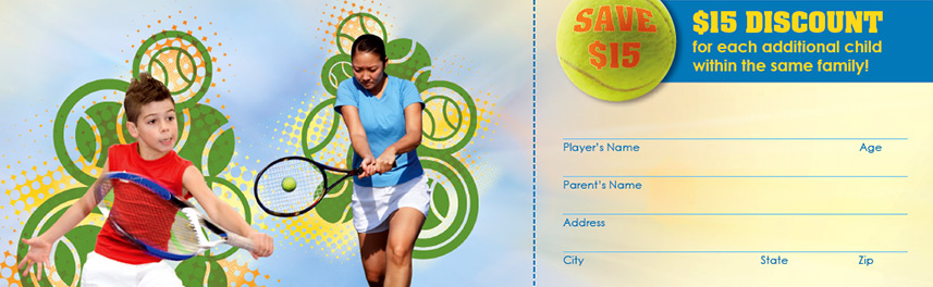 Close-up of brochure design showing custom graphics with tennis players superimposed on illustrated tennis ball burst graphics